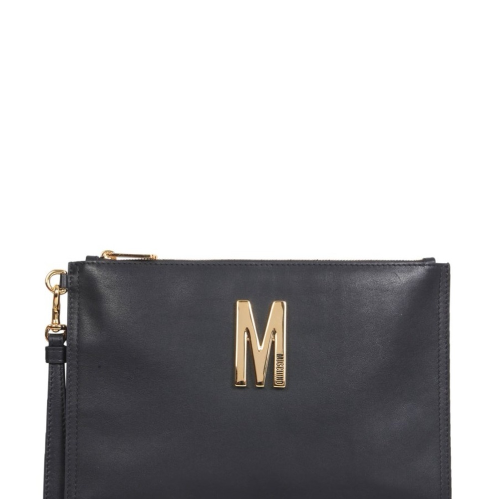 Moschino Black Leather Clutch with Gold Logo pre-owned 8x6